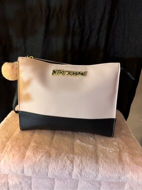 Betsey Johnson Pink and Black Colorblock Cosmetic Pouch with Pom Pom